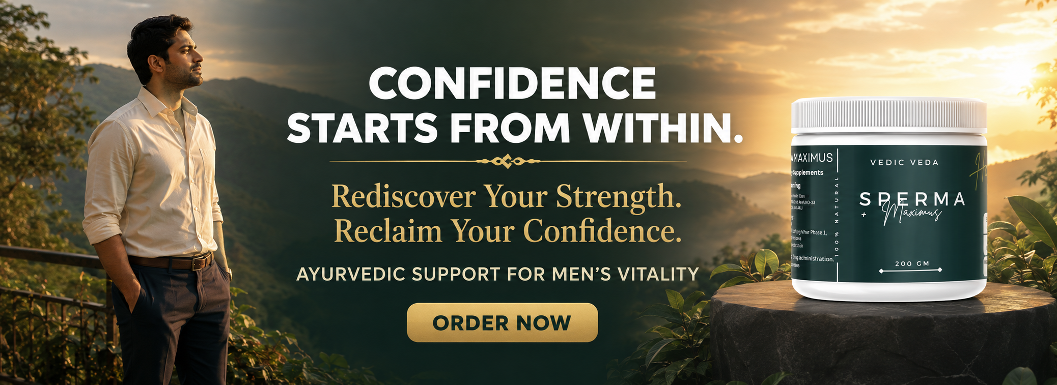 Confident adult man looking toward the sunrise beside Sperma Maximus
